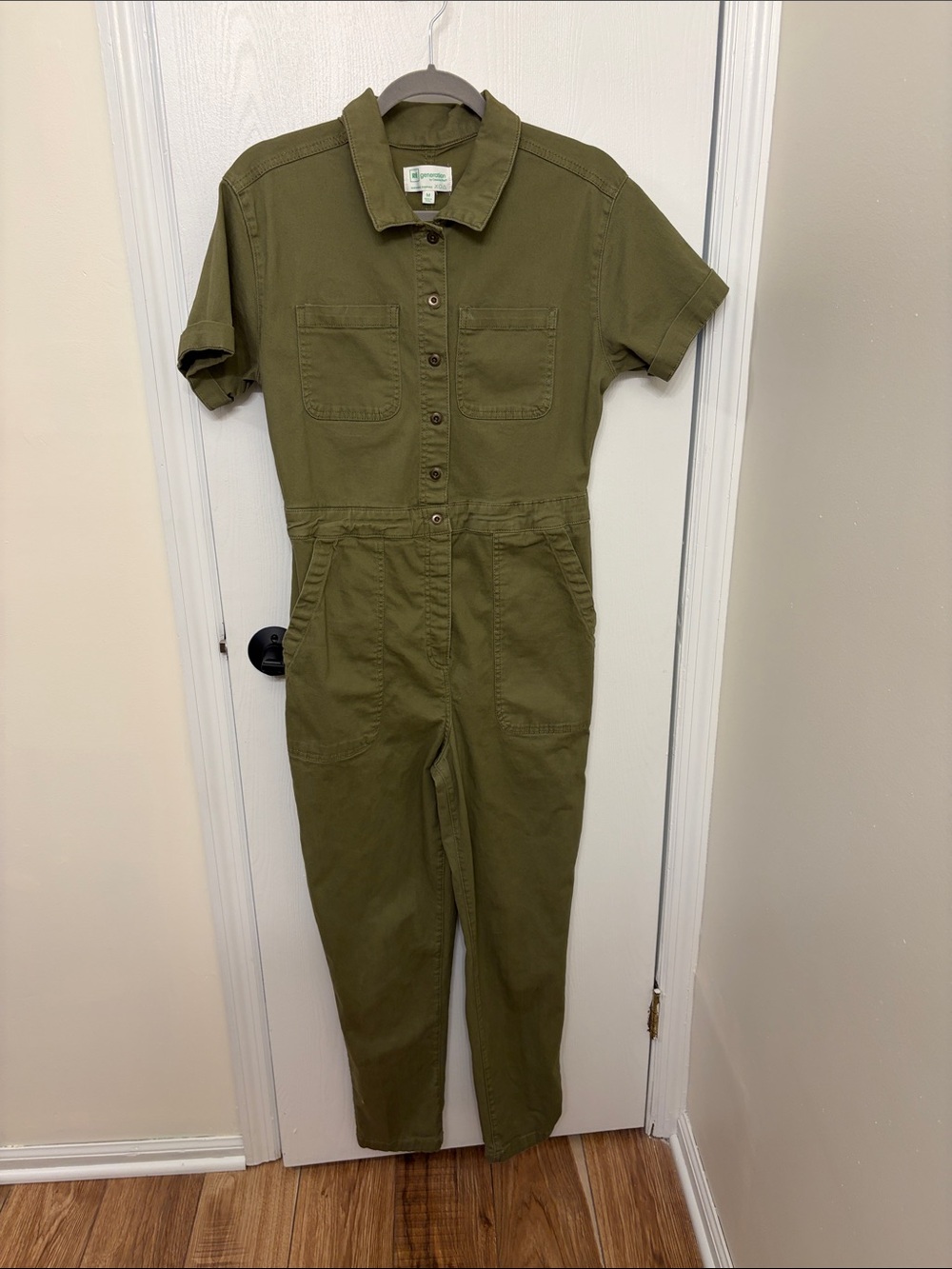 Olive Green Short-Sleeve Womens Jumpsuit Size M